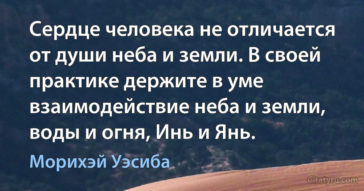 Сердце человека не отличается от души неба и земли. В своей практике держите в уме взаимодействие неба и земли, воды и огня, Инь и Янь. (Морихэй Уэсиба)