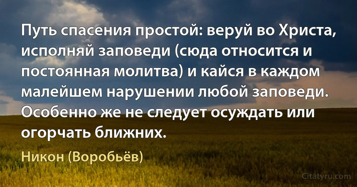 Путь спасения простой: веруй во Христа, исполняй заповеди (сюда относится и постоянная молитва) и кайся в каждом малейшем нарушении любой заповеди. Особенно же не следует осуждать или огорчать ближних. (Никон (Воробьёв))