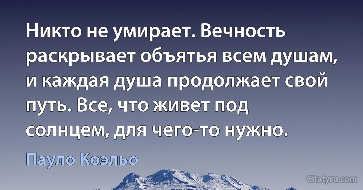 Никто не умирает. Вечность раскрывает объятья всем душам, и каждая душа продолжает свой путь. Все, что живет под солнцем, для чего-то нужно. (Пауло Коэльо)