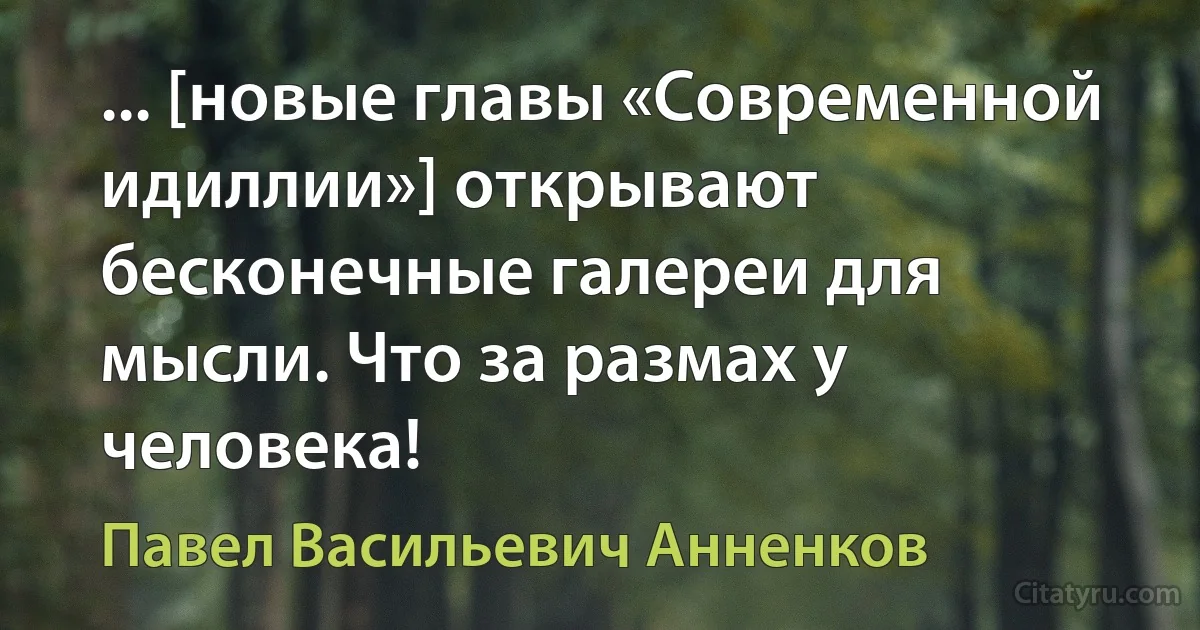 ... [новые главы «Современной идиллии»] открывают бесконечные галереи для мысли. Что за размах у человека! (Павел Васильевич Анненков)