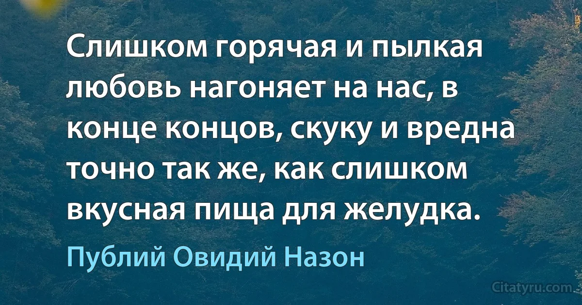 Слишком горячая и пылкая любовь нагоняет на нас, в конце концов, скуку и вредна точно так же, как слишком вкусная пища для желудка. (Публий Овидий Назон)