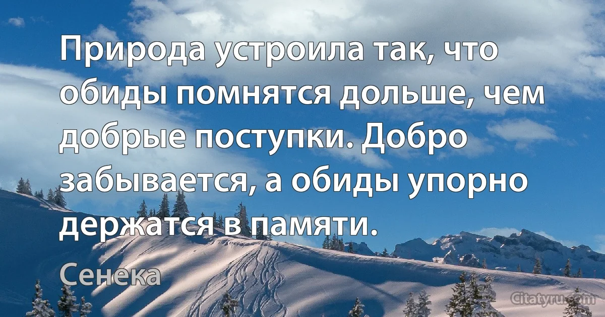 Природа устроила так, что обиды помнятся дольше, чем добрые поступки. Добро забывается, а обиды упорно держатся в памяти. (Сенека)