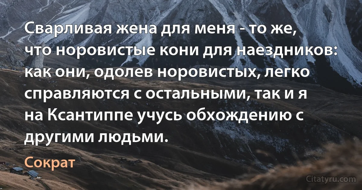 Сварливая жена для меня - то же, что норовистые кони для наездников: как они, одолев норовистых, легко справляются с остальными, так и я на Ксантиппе учусь обхождению с другими людьми. (Сократ)