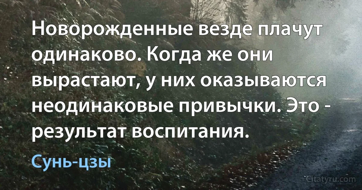 Новорожденные везде плачут одинаково. Когда же они вырастают, у них оказываются неодинаковые привычки. Это - результат воспитания. (Сунь-цзы)