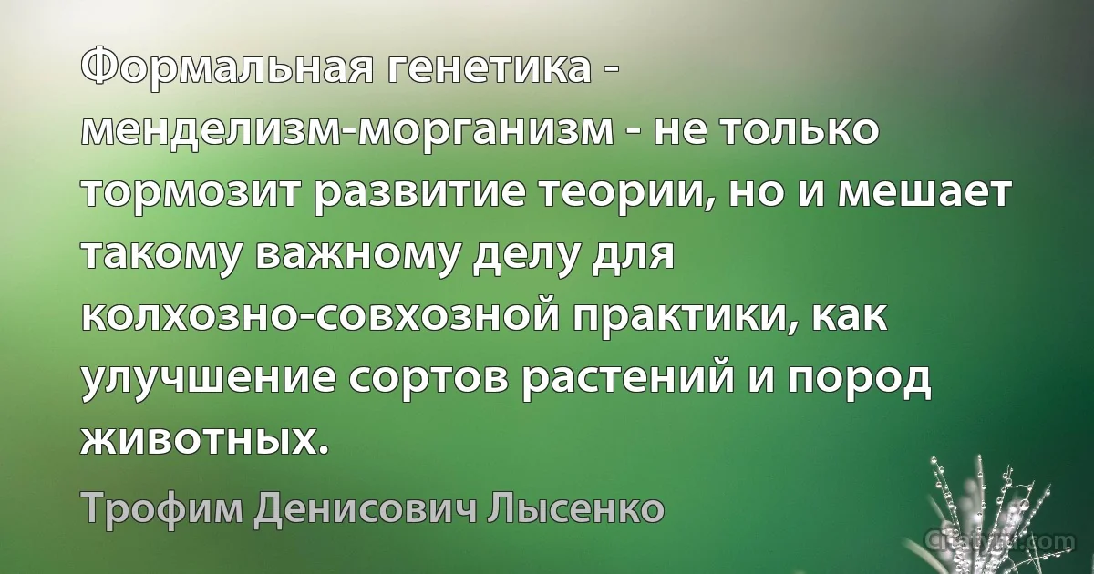 Формальная генетика - менделизм-морганизм - не только тормозит развитие теории, но и мешает такому важному делу для колхозно-совхозной практики, как улучшение сортов растений и пород животных. (Трофим Денисович Лысенко)