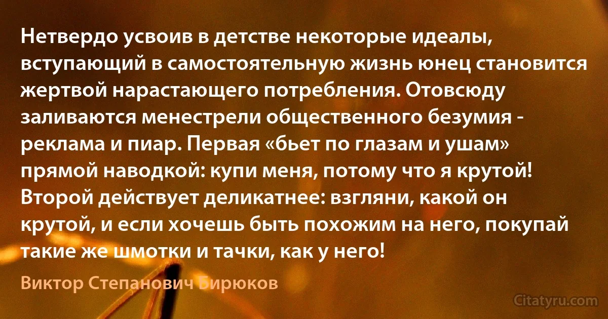 Нетвердо усвоив в детстве некоторые идеалы, вступающий в самостоятельную жизнь юнец становится жертвой нарастающего потребления. Отовсюду заливаются менестрели общественного безумия - реклама и пиар. Первая «бьет по глазам и ушам» прямой наводкой: купи меня, потому что я крутой! Второй действует деликатнее: взгляни, какой он крутой, и если хочешь быть похожим на него, покупай такие же шмотки и тачки, как у него! (Виктор Степанович Бирюков)