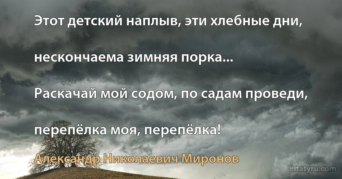 Этот детский наплыв, эти хлебные дни,

нескончаема зимняя порка...

Раскачай мой содом, по садам проведи,

перепёлка моя, перепёлка! (Александр Николаевич Миронов)