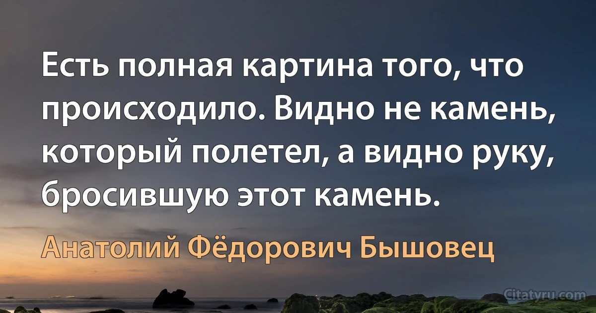 Есть полная картина того, что происходило. Видно не камень, который полетел, а видно руку, бросившую этот камень. (Анатолий Фёдорович Бышовец)