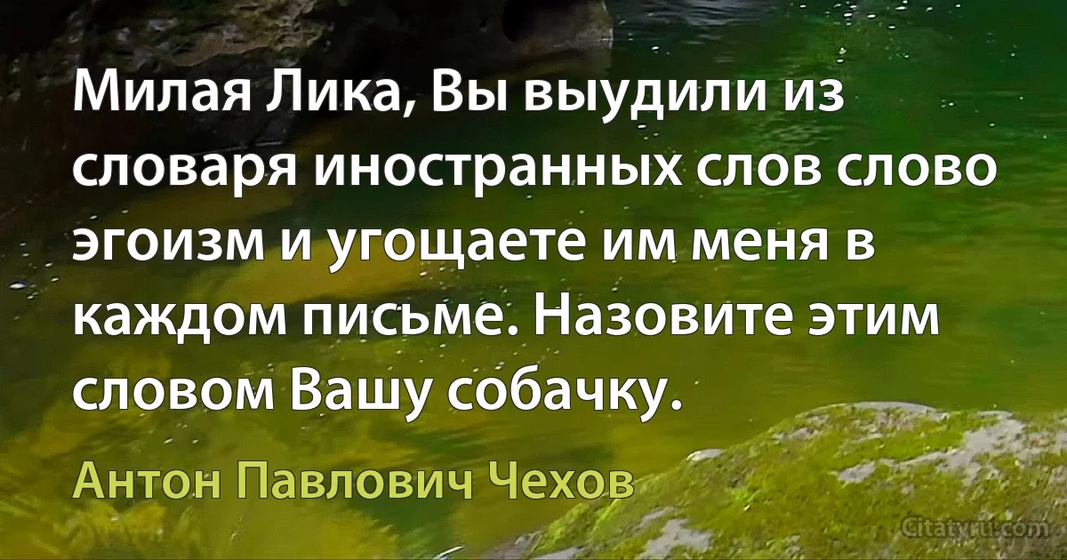 Милая Лика, Вы выудили из словаря иностранных слов слово эгоизм и угощаете им меня в каждом письме. Назовите этим словом Вашу собачку. (Антон Павлович Чехов)