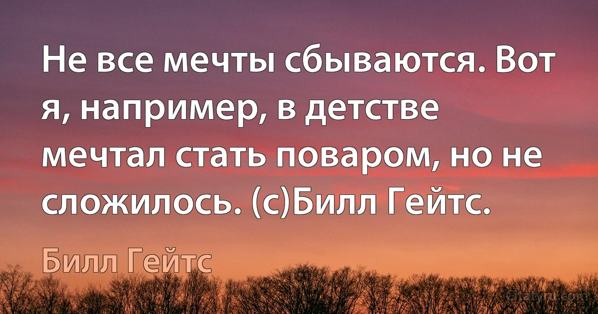 Не все мечты сбываются. Вот я, например, в детстве мечтал стать поваром, но не сложилось. (с)Билл Гейтс. (Билл Гейтс)