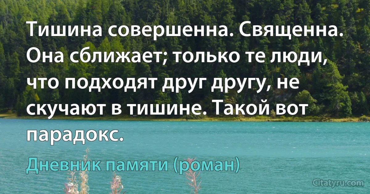 Тишина совершенна. Священна. Она сближает; только те люди, что подходят друг другу, не скучают в тишине. Такой вот парадокс. (Дневник памяти (роман))