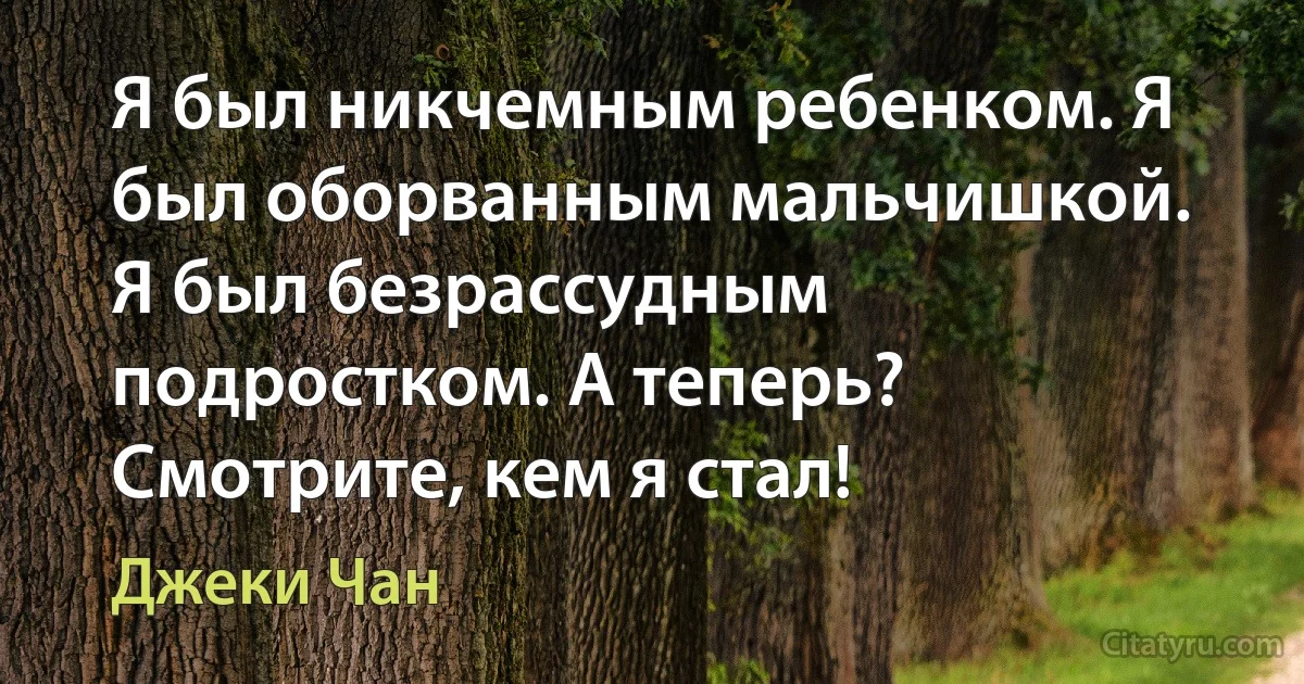 Я был никчемным ребенком. Я был оборванным мальчишкой. Я был безрассудным подростком. А теперь? Смотрите, кем я стал! (Джеки Чан)