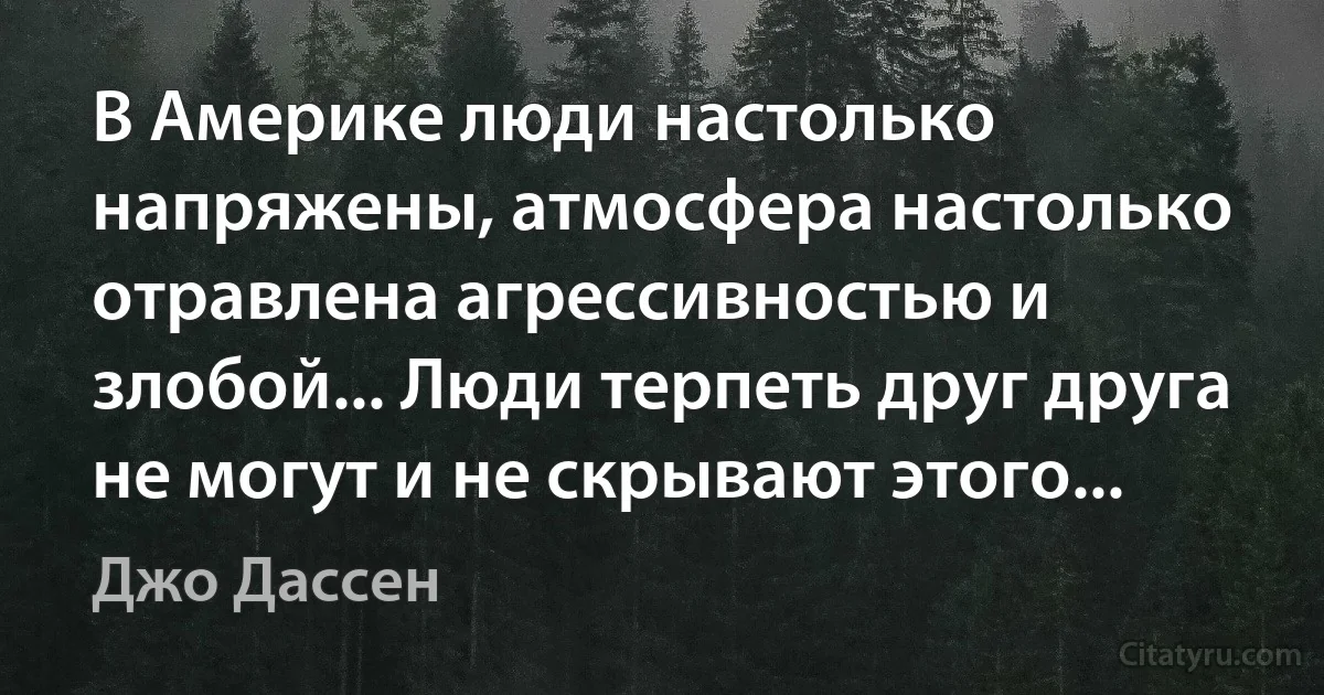 В Америке люди настолько напряжены, атмосфера настолько отравлена агрессивностью и злобой... Люди терпеть друг друга не могут и не скрывают этого... (Джо Дассен)