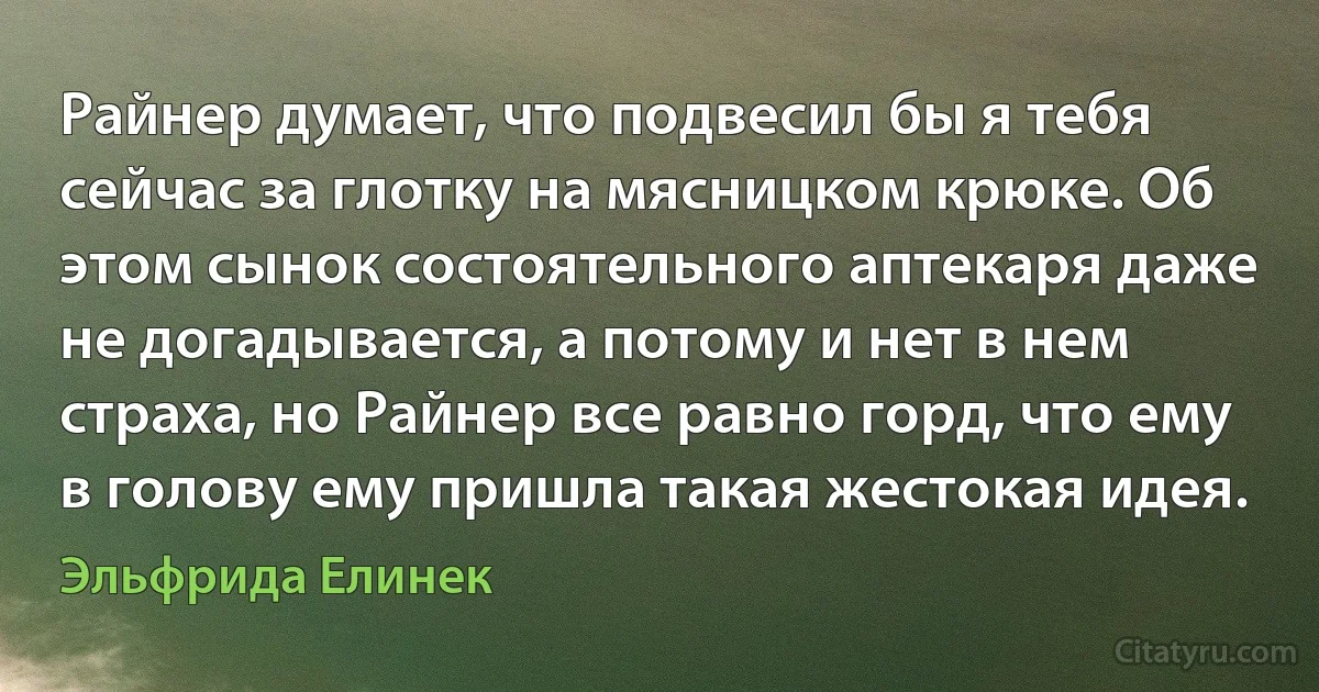 Райнер думает, что подвесил бы я тебя сейчас за глотку на мясницком крюке. Об этом сынок состоятельного аптекаря даже не догадывается, а потому и нет в нем страха, но Райнер все равно горд, что ему в голову ему пришла такая жестокая идея. (Эльфрида Елинек)