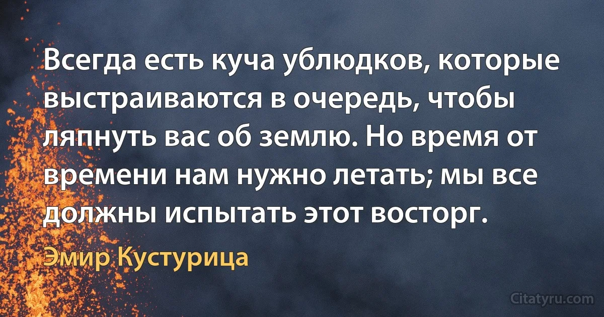 Всегда есть куча ублюдков, которые выстраиваются в очередь, чтобы ляпнуть вас об землю. Но время от времени нам нужно летать; мы все должны испытать этот восторг. (Эмир Кустурица)