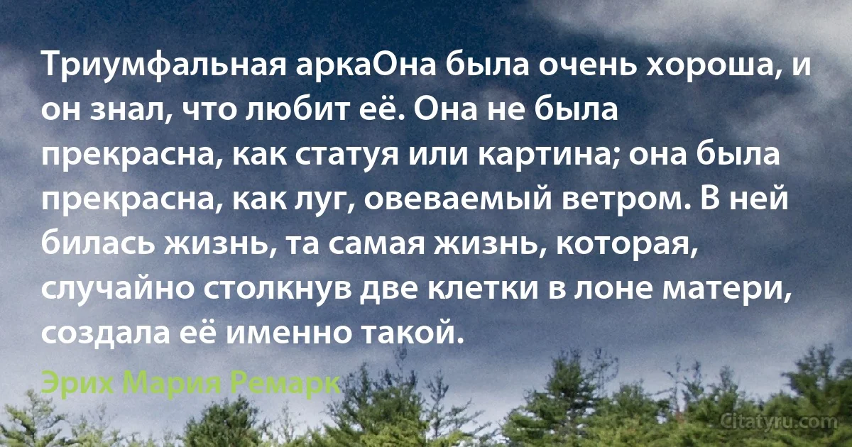 Триумфальная аркаОна была очень хороша, и он знал, что любит её. Она не была прекрасна, как статуя или картина; она была прекрасна, как луг, овеваемый ветром. В ней билась жизнь, та самая жизнь, которая, случайно столкнув две клетки в лоне матери, создала её именно такой. (Эрих Мария Ремарк)