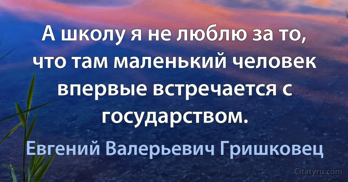 А школу я не люблю за то, что там маленький человек впервые встречается с государством. (Евгений Валерьевич Гришковец)