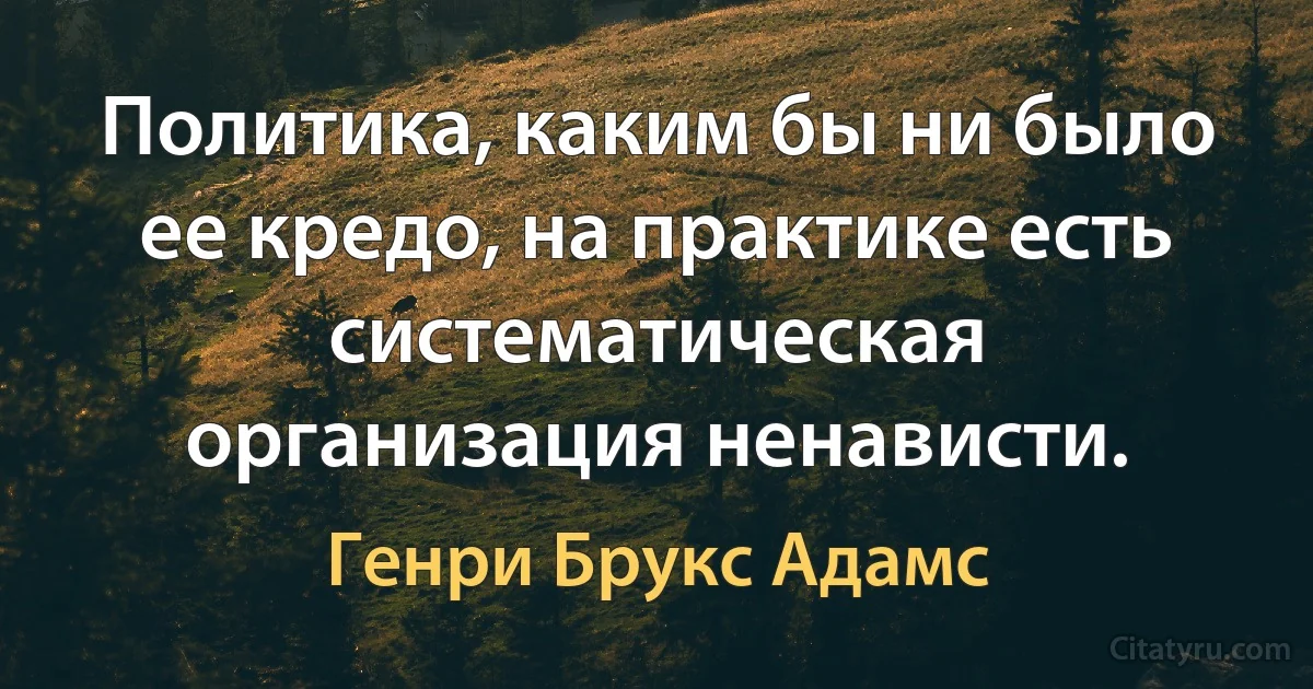 Политика, каким бы ни было ее кредо, на практике есть систематическая организация ненависти. (Генри Брукс Адамс)