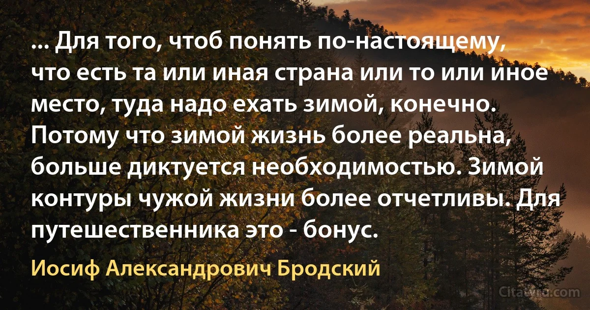 ... Для того, чтоб понять по-настоящему, что есть та или иная страна или то или иное место, туда надо ехать зимой, конечно. Потому что зимой жизнь более реальна, больше диктуется необходимостью. Зимой контуры чужой жизни более отчетливы. Для путешественника это - бонус. (Иосиф Александрович Бродский)