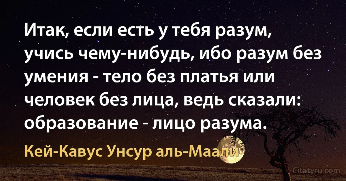 Итак, если есть у тебя разум, учись чему-нибудь, ибо разум без умения - тело без платья или человек без лица, ведь сказали: образование - лицо разума. (Кей-Кавус Унсур аль-Маали)