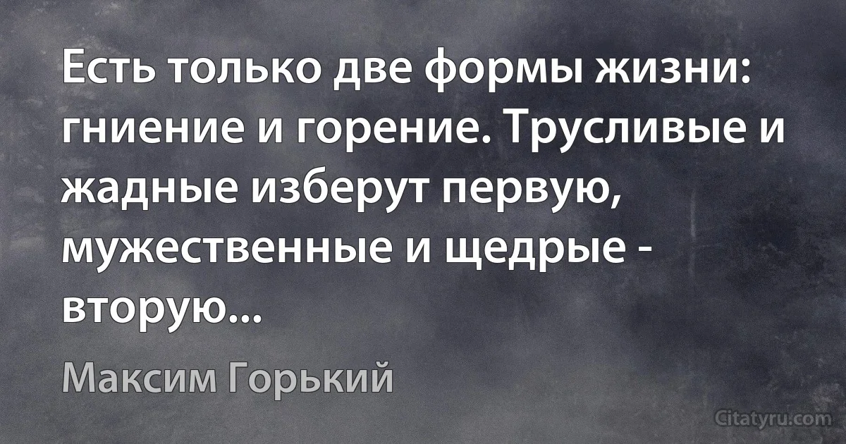 Есть только две формы жизни: гниение и горение. Трусливые и жадные изберут первую, мужественные и щедрые - вторую... (Максим Горький)