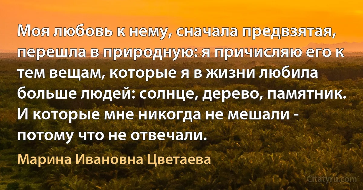 Моя любовь к нему, сначала предвзятая, перешла в природную: я причисляю его к тем вещам, которые я в жизни любила больше людей: солнце, дерево, памятник. И которые мне никогда не мешали - потому что не отвечали. (Марина Ивановна Цветаева)