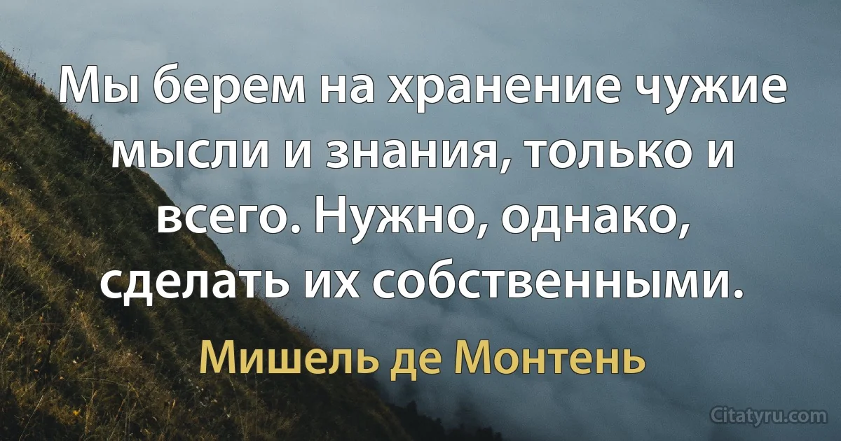 Мы берем на хранение чужие мысли и знания, только и всего. Нужно, однако, сделать их собственными. (Мишель де Монтень)