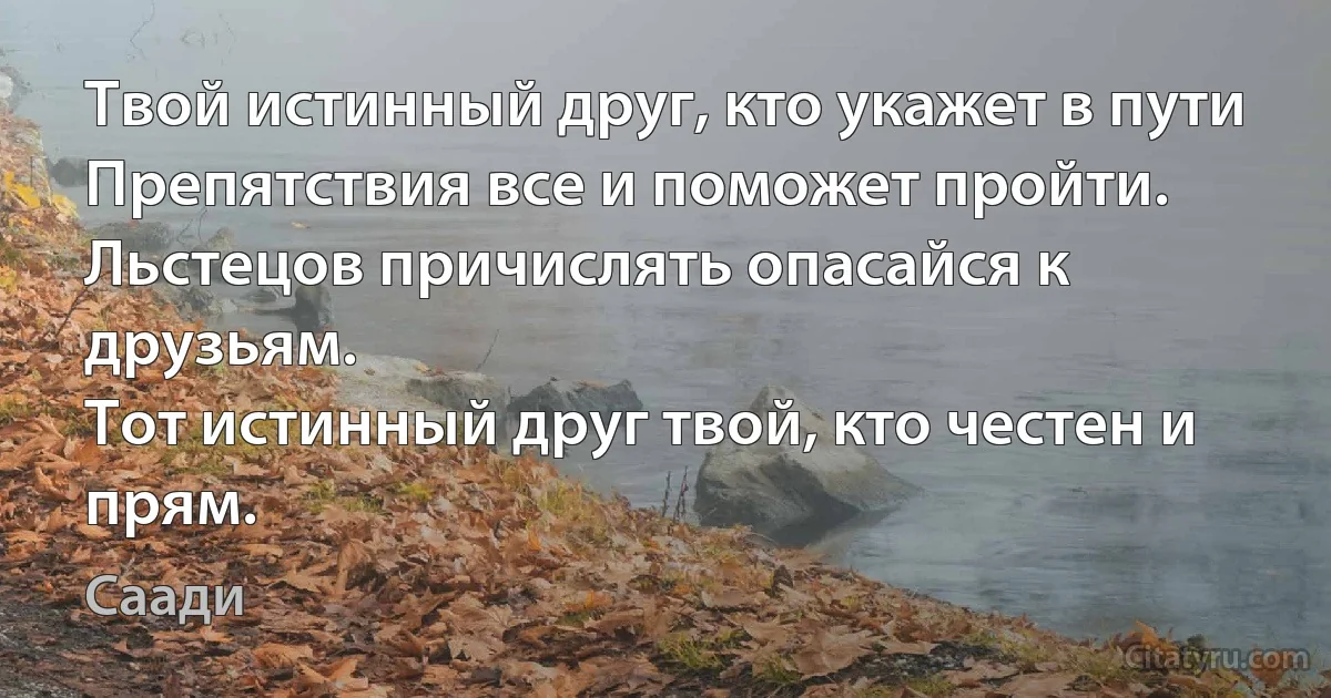 Твой истинный друг, кто укажет в пути
Препятствия все и поможет пройти.
Льстецов причислять опасайся к друзьям.
Тот истинный друг твой, кто честен и прям. (Саади)