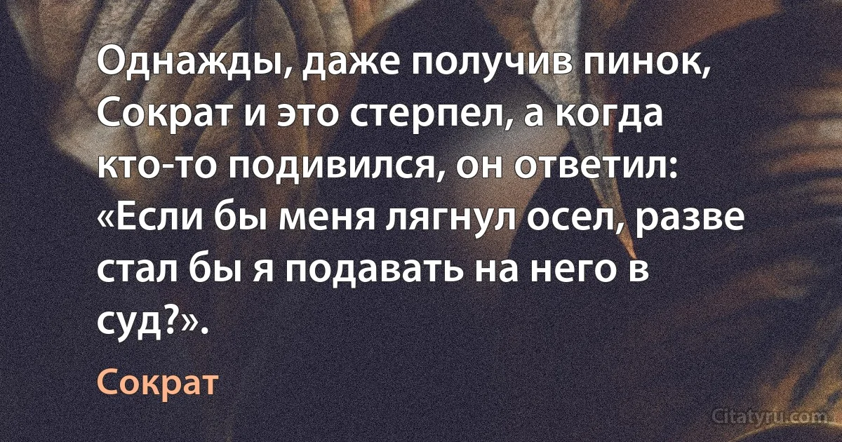 Однажды, даже получив пинок, Сократ и это стерпел, а когда кто-то подивился, он ответил: «Если бы меня лягнул осел, разве стал бы я подавать на него в суд?». (Сократ)