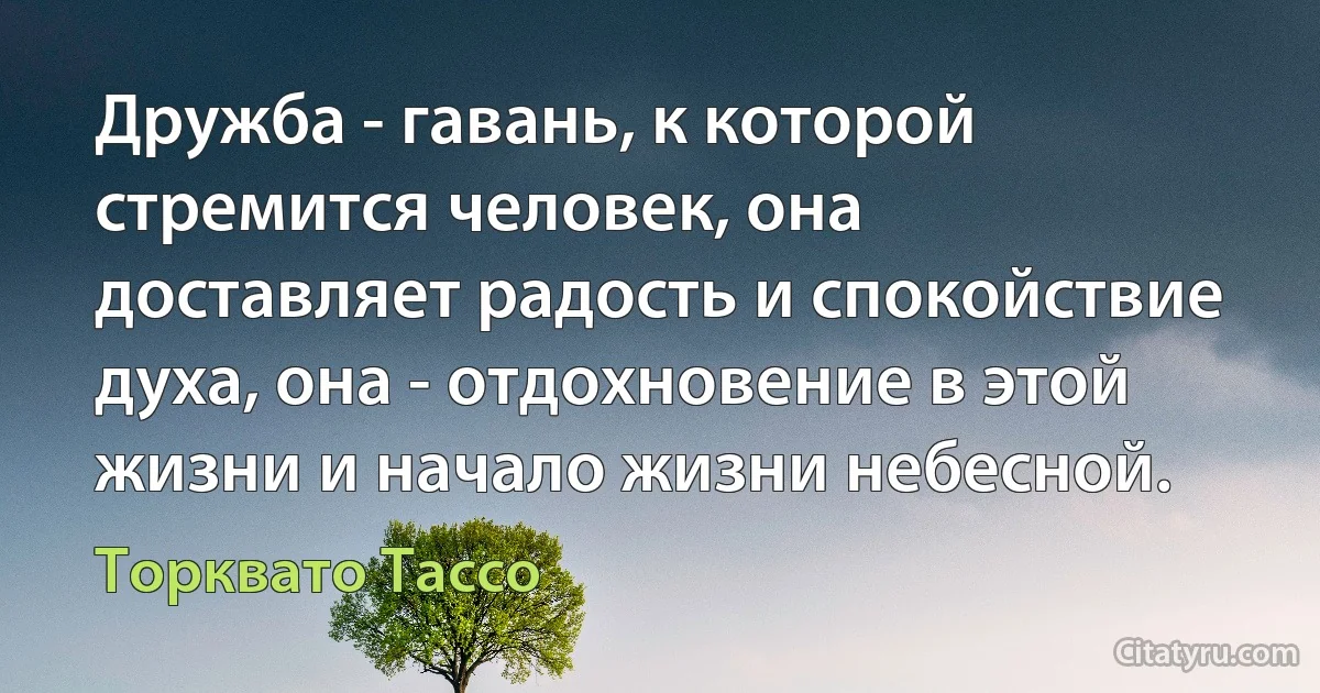 Дружба - гавань, к которой стремится человек, она доставляет радость и спокойствие духа, она - отдохновение в этой жизни и начало жизни небесной. (Торквато Тассо)