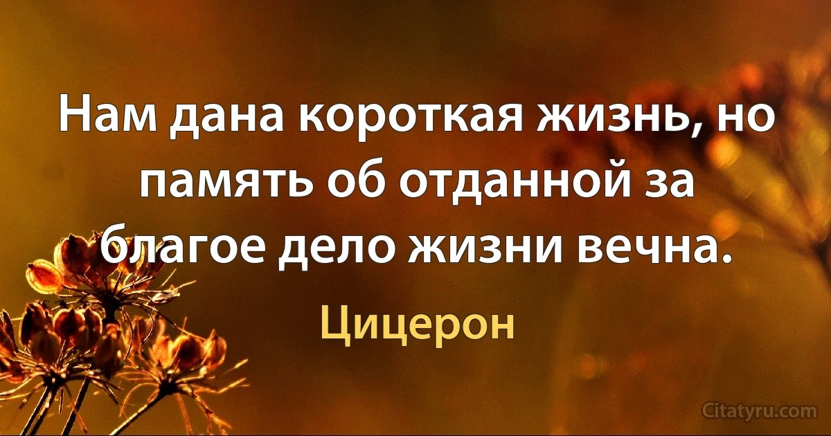 Нам дана короткая жизнь, но память об отданной за благое дело жизни вечна. (Цицерон)