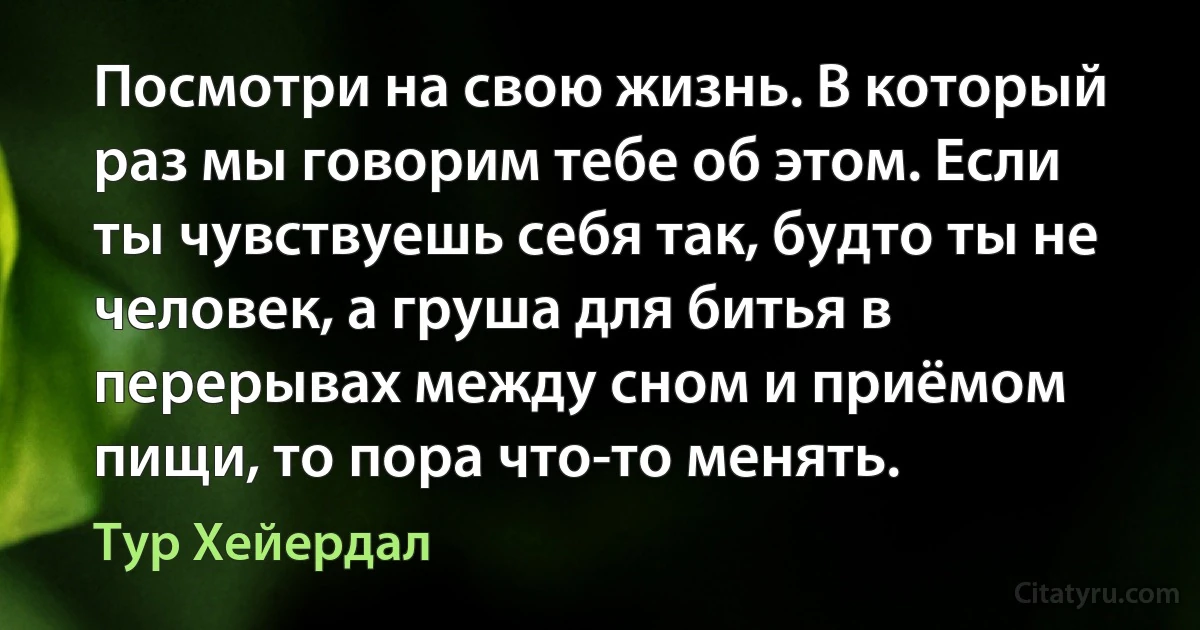 Посмотри на свою жизнь. В который раз мы говорим тебе об этом. Если ты чувствуешь себя так, будто ты не человек, а груша для битья в перерывах между сном и приёмом пищи, то пора что-то менять. (Тур Хейердал)