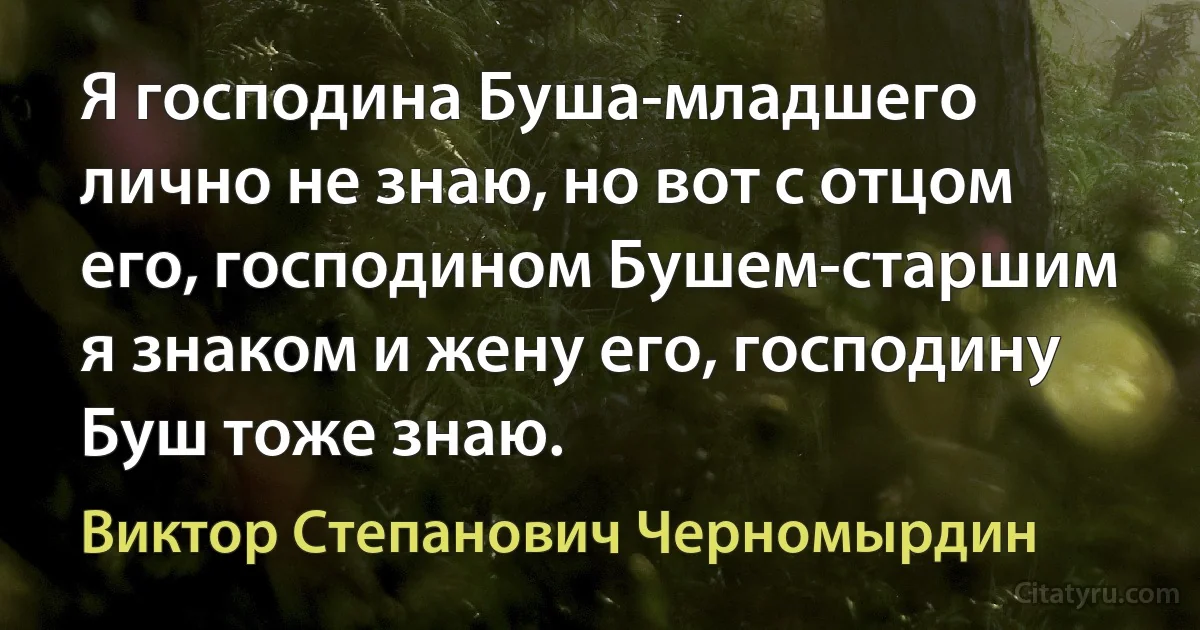 Я господина Буша-младшего лично не знаю, но вот с отцом его, господином Бушем-старшим я знаком и жену его, господину Буш тоже знаю. (Виктор Степанович Черномырдин)