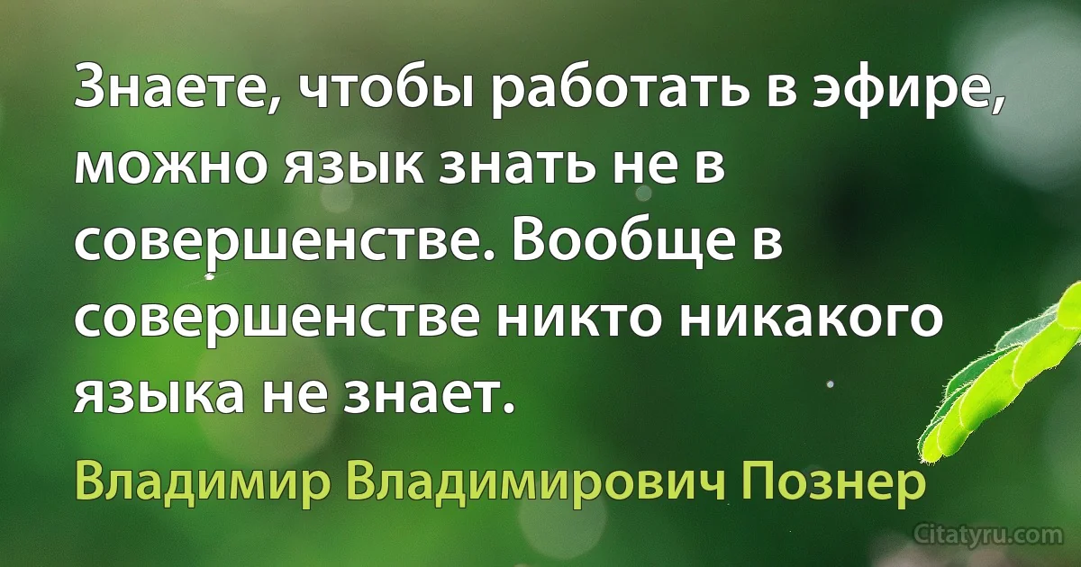 Знаете, чтобы работать в эфире, можно язык знать не в совершенстве. Вообще в совершенстве никто никакого языка не знает. (Владимир Владимирович Познер)