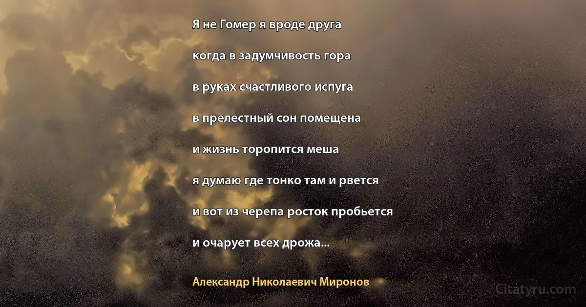 Я не Гомер я вроде друга

когда в задумчивость гора

в руках счастливого испуга

в прелестный сон помещена

и жизнь торопится меша

я думаю где тонко там и рвется

и вот из черепа росток пробьется

и очарует всех дрожа... (Александр Николаевич Миронов)