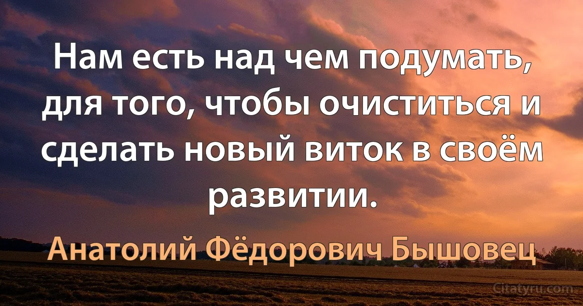 Нам есть над чем подумать, для того, чтобы очиститься и сделать новый виток в своём развитии. (Анатолий Фёдорович Бышовец)