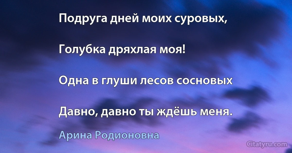 Подруга дней моих суровых,

Голубка дряхлая моя!

Одна в глуши лесов сосновых

Давно, давно ты ждёшь меня. (Арина Родионовна)