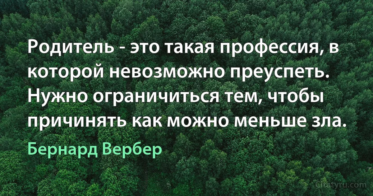 Родитель - это такая профессия, в которой невозможно преуспеть. Нужно ограничиться тем, чтобы причинять как можно меньше зла. (Бернард Вербер)