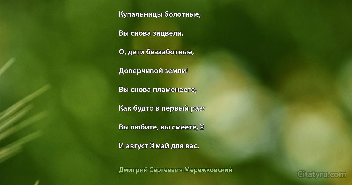 Купальницы болотные,

Вы снова зацвели,

О, дети беззаботные,

Доверчивой земли!

Вы снова пламенеете,

Как будто в первый раз:

Вы любите, вы смеете, ―

И август ― май для вас. (Дмитрий Сергеевич Мережковский)