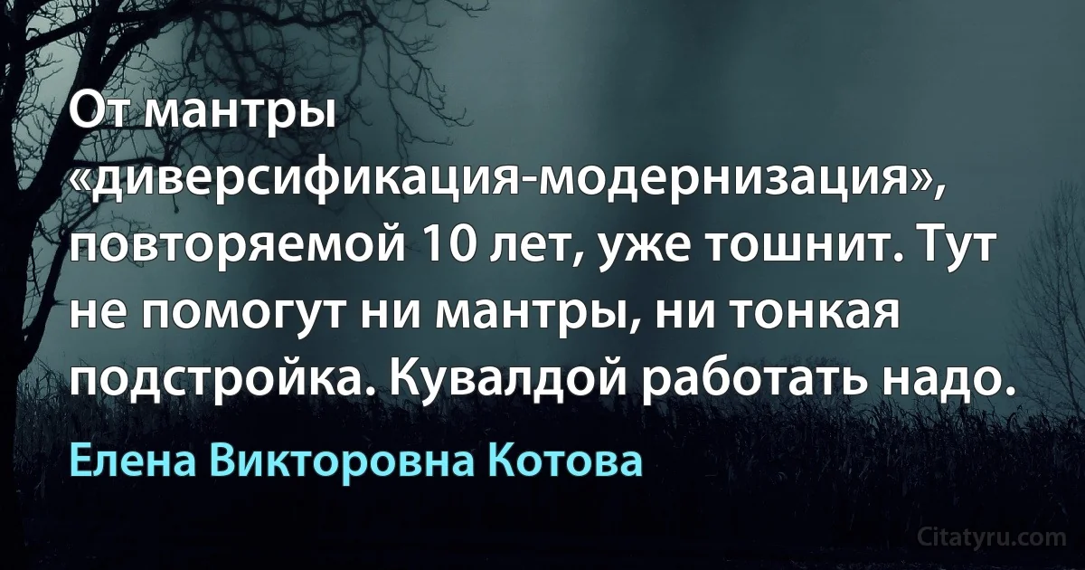 От мантры «диверсификация-модернизация», повторяемой 10 лет, уже тошнит. Тут не помогут ни мантры, ни тонкая подстройка. Кувалдой работать надо. (Елена Викторовна Котова)