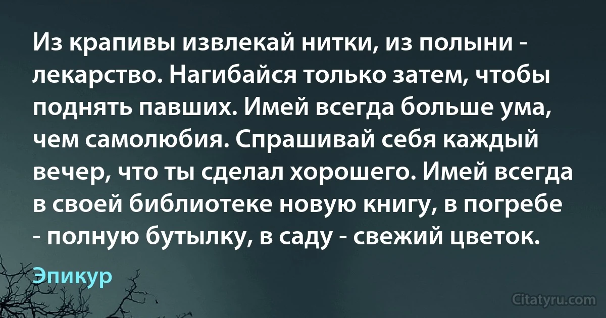 Из крапивы извлекай нитки, из полыни - лекарство. Нагибайся только затем, чтобы поднять павших. Имей всегда больше ума, чем самолюбия. Спрашивай себя каждый вечер, что ты сделал хорошего. Имей всегда в своей библиотеке новую книгу, в погребе - полную бутылку, в саду - свежий цветок. (Эпикур)