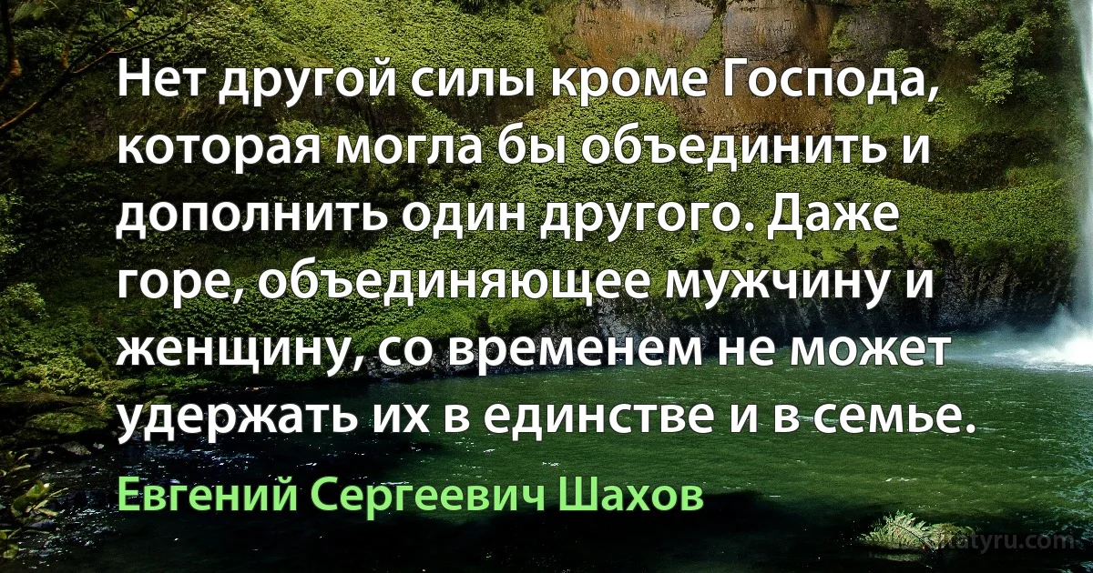 Нет другой силы кроме Господа, которая могла бы объединить и дополнить один другого. Даже горе, объединяющее мужчину и женщину, со временем не может удержать их в единстве и в семье. (Евгений Сергеевич Шахов)