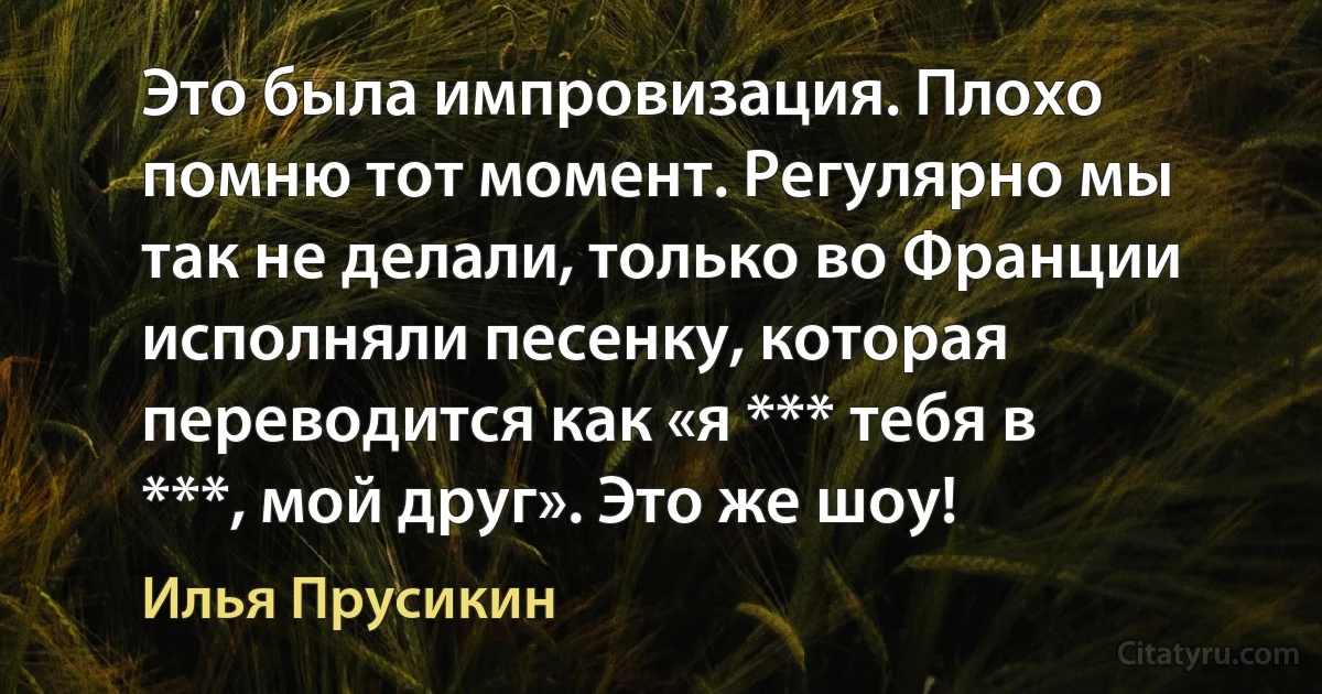 Это была импровизация. Плохо помню тот момент. Регулярно мы так не делали, только во Франции исполняли песенку, которая переводится как «я *** тебя в ***, мой друг». Это же шоу! (Илья Прусикин)