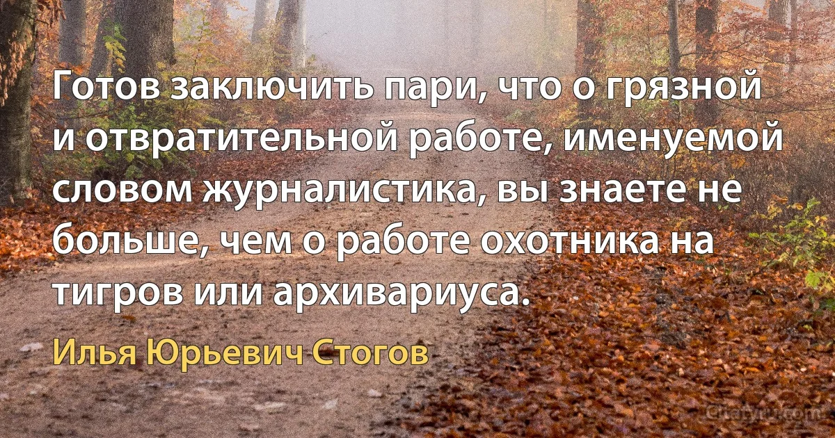 Готов заключить пари, что о грязной и отвратительной работе, именуемой словом журналистика, вы знаете не больше, чем о работе охотника на тигров или архивариуса. (Илья Юрьевич Стогов)