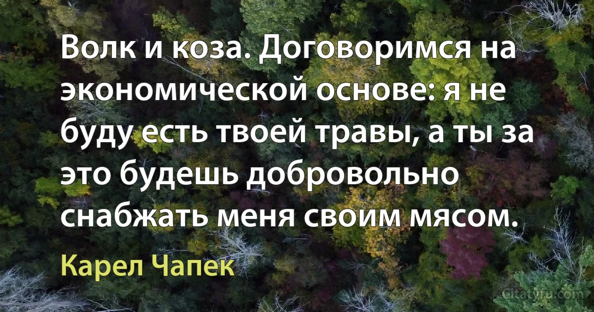 Волк и коза. Договоримся на экономической основе: я не буду есть твоей травы, а ты за это будешь добровольно снабжать меня своим мясом. (Карел Чапек)