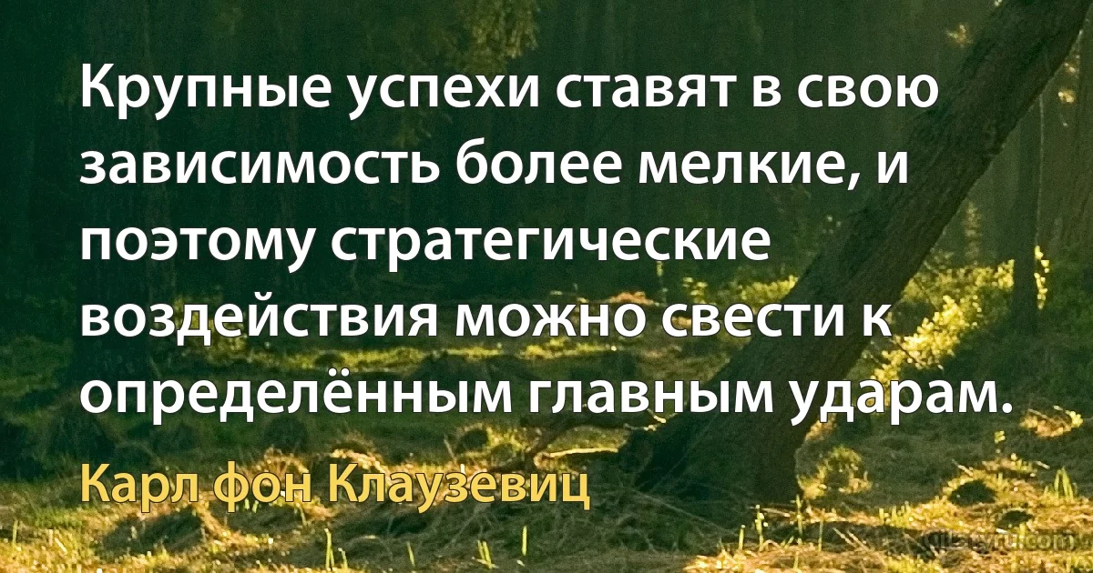 Крупные успехи ставят в свою зависимость более мелкие, и поэтому стратегические воздействия можно свести к определённым главным ударам. (Карл фон Клаузевиц)