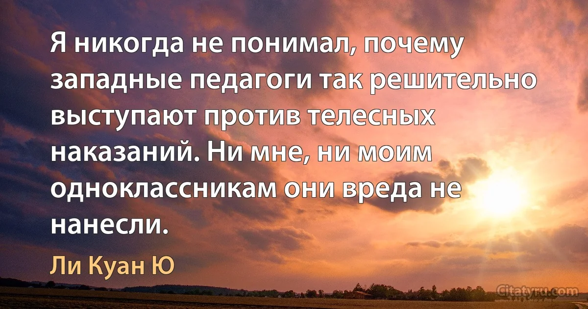 Я никогда не понимал, почему западные педагоги так решительно выступают против телесных наказаний. Ни мне, ни моим одноклассникам они вреда не нанесли. (Ли Куан Ю)