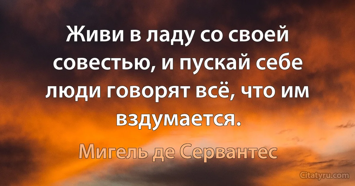 Живи в ладу со своей совестью, и пускай себе люди говорят всё, что им вздумается. (Мигель де Сервантес)