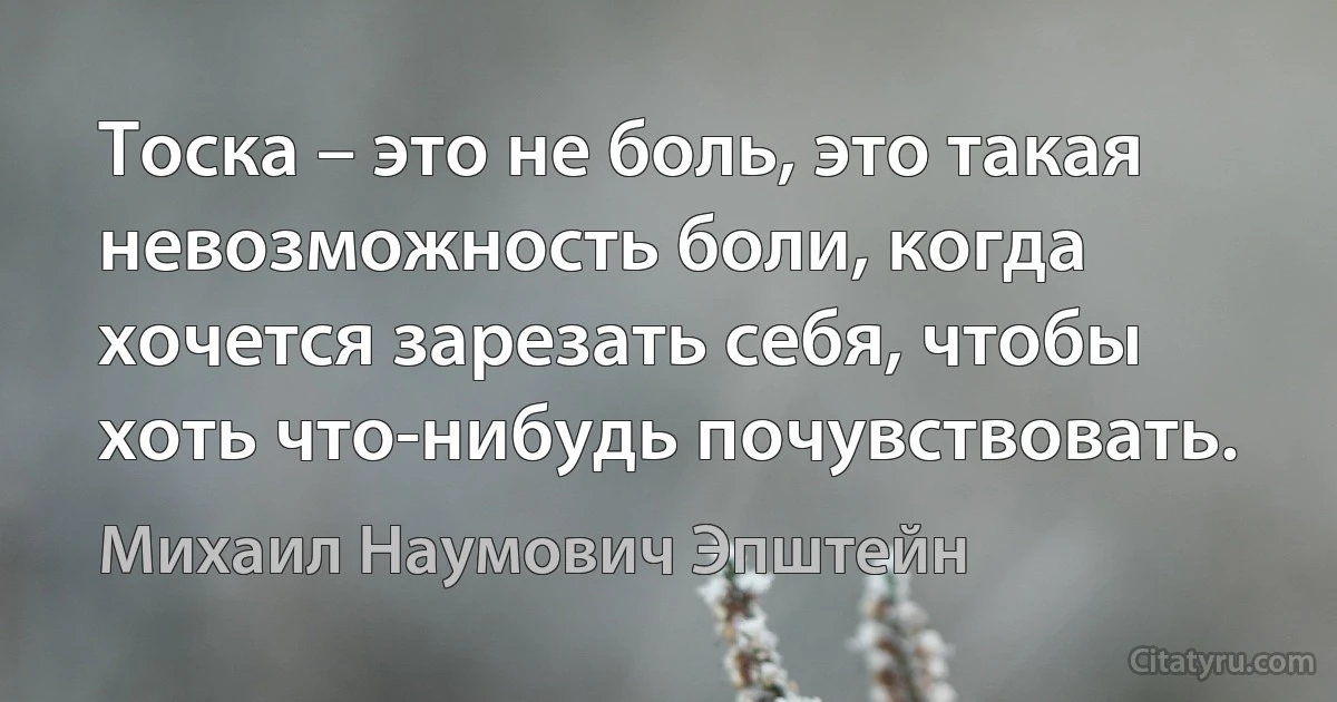 Тоска – это не боль, это такая невозможность боли, когда хочется зарезать себя, чтобы хоть что-нибудь почувствовать. (Михаил Наумович Эпштейн)