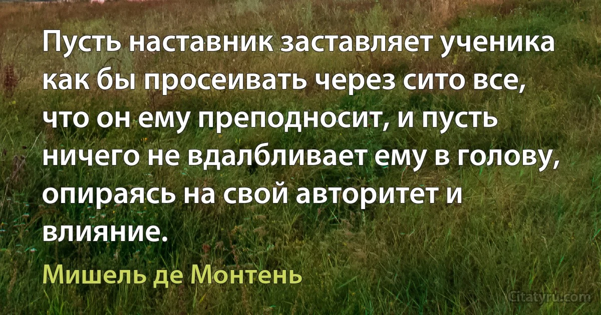 Пусть наставник заставляет ученика как бы просеивать через сито все, что он ему преподносит, и пусть ничего не вдалбливает ему в голову, опираясь на свой авторитет и влияние. (Мишель де Монтень)